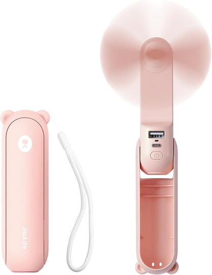 JISULIFE Mini tragbarer Lüfter, 3 in 1, wiederaufladbar über USB (12 bis 19 Stunden Akkulaufzeit), mit externem Akku und Taschenlampe. Ideal für Reisen und Sommer.