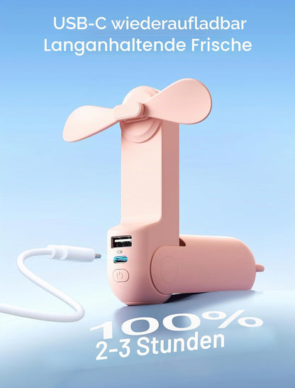 JISULIFE Mini tragbarer Lüfter, 3 in 1, wiederaufladbar über USB (12 bis 19 Stunden Akkulaufzeit), mit externem Akku und Taschenlampe. Ideal für Reisen und Sommer.