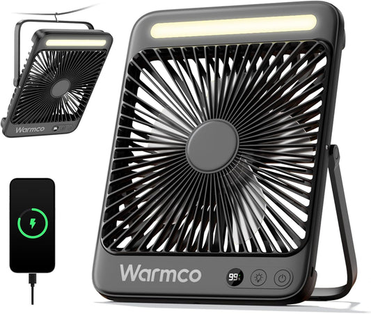Warmco 20000mAh Akku Camping Ventilator Leise 27cm mit Lampe