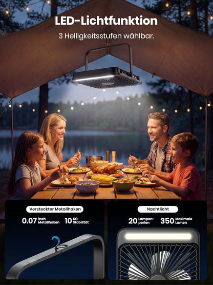 Warmco 20000mAh Akku Camping Ventilator Leise 27cm mit Lampe