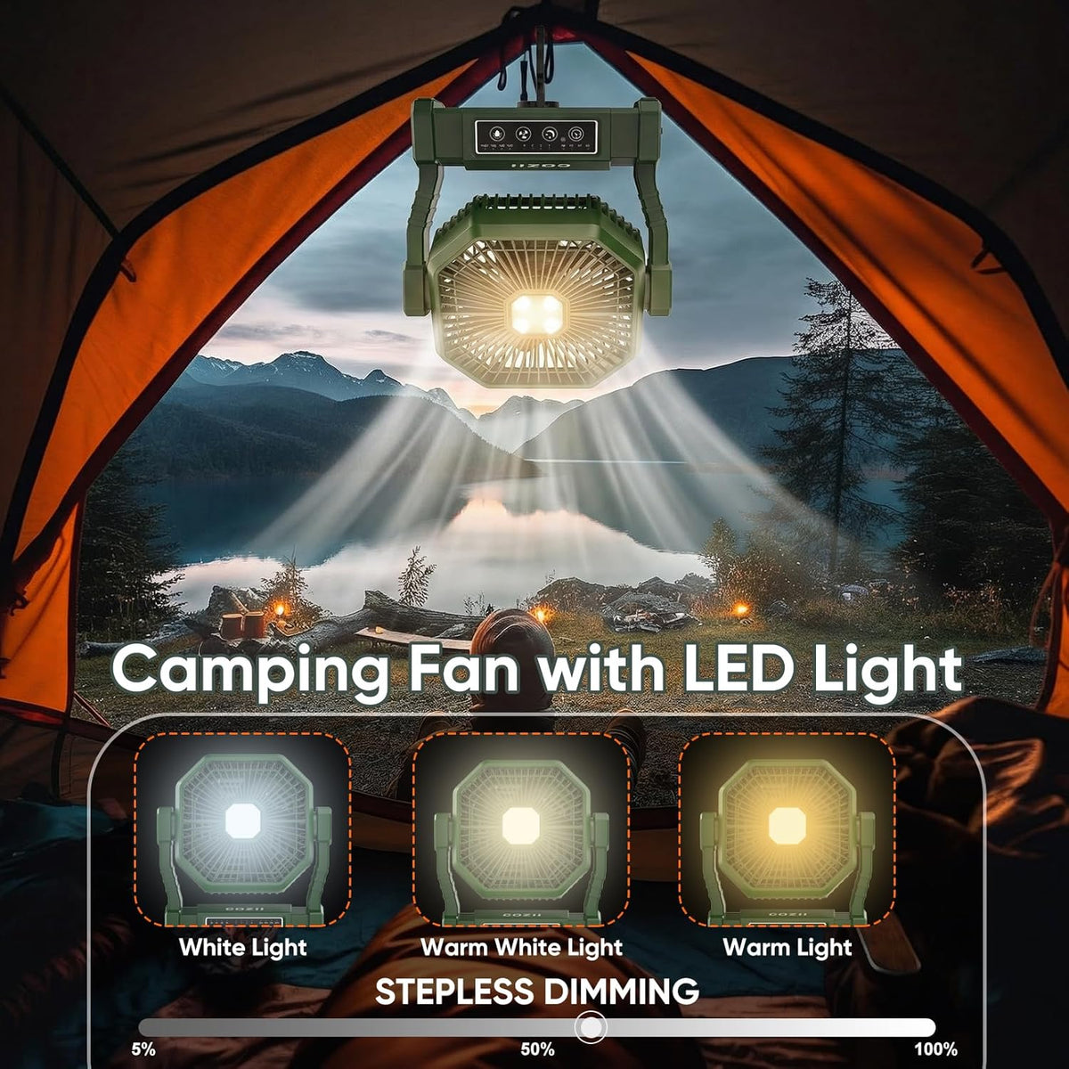 COZII Camping Ventilator, 20000mAh Tragbarer Ventilator Akku mit LED Licht & Fernbedienung