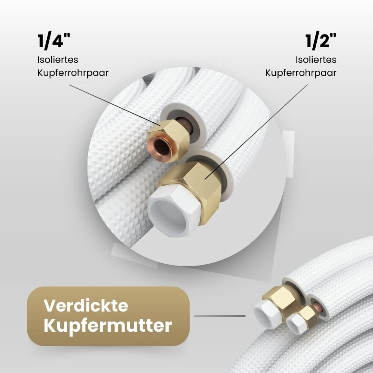 Kältebringer® 1-15 m Conduite de réfrigérant 1/4« + 1/2 » Kit de montage pour climatiseur split (5 fils)